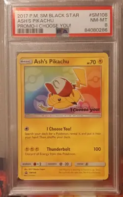 PSA 8 Mint Ash’s Pikachu SM108 Black Star Promo Sun & Moon Pokemon Card TCG - Image 1
