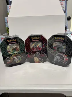 Pokemon Paldean Fates Tins Shiny Charizard, Tusk, Treads Set of 3 Sealed - Image 1