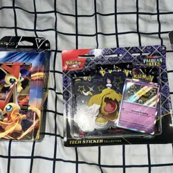 Pokemon Paldean Fates Tech Sticker Collection 3 Pack And Victini Battle Deck - Image 1