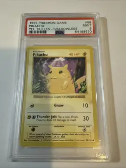 1999 POKEMON BASE SET YELLOW CHEEKS-SHADOWLESS #58 PIKACHU PSA 9 - Image 1
