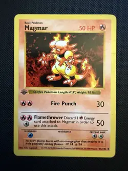 1999 Pokemon Base Set Magmar 1st Edition Shadowless Card 36/102 LP/NM Condition - Image 1