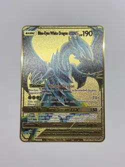 Blue Eyes White Dragon GX Pokemon Gold Metal Fan Art Textured Collector Card - Image 1
