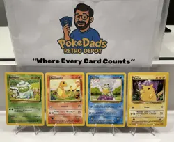 Base Set Pokemon 4 Card Starter Lot: Pikachu Charmander Bulbasaur Squirtle NM/LP - Image 1