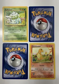 Base Set Pokemon 4 Card Starter Lot: Pikachu Charmander Bulbasaur Squirtle NM/LP - Image 2