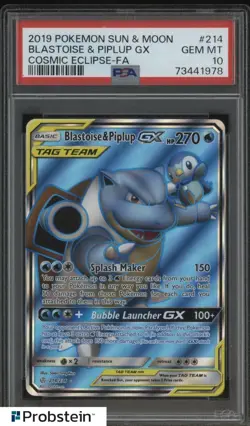 2019 Pokemon S & M Cosmic Eclipse FA #214 Blastoise & Piplup Gx PSA 10 GEM MINT - Image 1