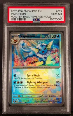 115670066 Vaporeon 2025 Pokemon PRE EN 022 Master Ball Reverse Holo PSA 10 - Image 1