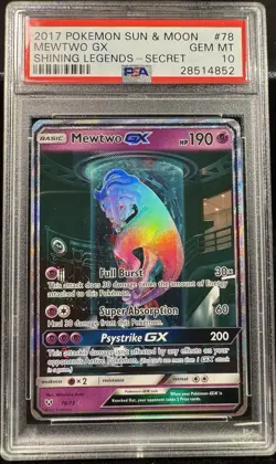 2017 Pokemon Mewtwo GX Secret Rare Card 78/73 PSA 10 Shining Legends - Image 1