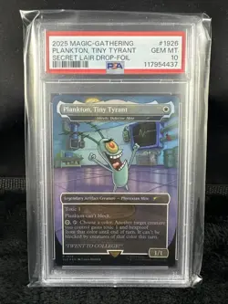 2025 MTG RARE FOIL BORDERLESS SPONGEBOB #1926 PLANKTON TINY TYRANT PSA 10 - Image 1