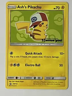 Ash's Pikachu Pokemon SM112 Black Star Promo Sm Regular Holo Near Mint HP 70 - Image 1