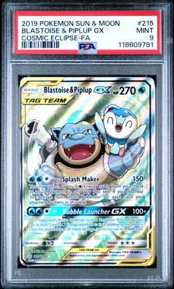 2019 Pokemon Sun & Moon #215 Blastoise & Piplup Gx Cosmic Eclipse Full Art PSA 9 - Image 1