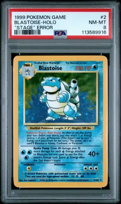 Pokemon Blastoise ' NO STAGE ' ERROR 2/102 Base Set PSA 8 NM Mint New Cert - Image 1
