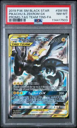 Pikachu & Zekrom GX SM168 Tag Team Sun & Moon Promo Holo Card PSA 8 - Image 1