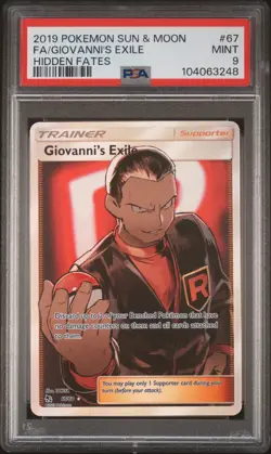 2019 POKEMON SUN & MOON HIDDEN FATES #67 FULL ART/GIOVANNI'S EXILE PSA 9 - Image 1