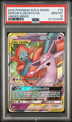 2019 POKEMON SUN & MOON UNIFIED MINDS #72 ULTRA RARE ESPEON & DEOXYS GX PSA 10 - Image 1