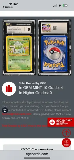 CGC 10 MINT Chinese Bulbasaur Base 2000 Pokemon Card WOTC 44/102 Pop 4 - Image 4