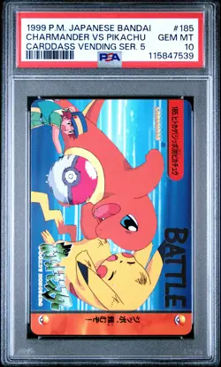 1999 POKEMON JPN BANDAI CARDDASS VENDING SER 5 #185 CHARMANDER VS PIKACHU PSA 10 - Image 1