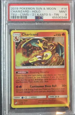 2019 Pokemon S&M Team Up Charizard-Holo #14 Teu-Csms-'21 Kanto 5-Tin PSA 9 - Image 1