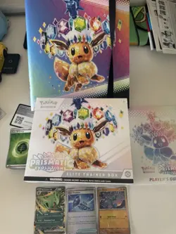 Pokemon Prismatic Evolutions Opened ETB + Contents & Binder Bundle No Packs Inc - Image 1