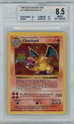 1999 Pokemon Base Charizard #4 Shadowless Holo R BGS 8.5 - Image 1
