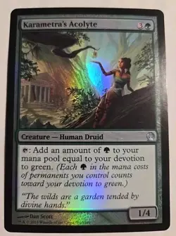 2013 Wizard Coast Magic The Gathering Theros Karametra's Acolyte 160 Foil Card - Image 1