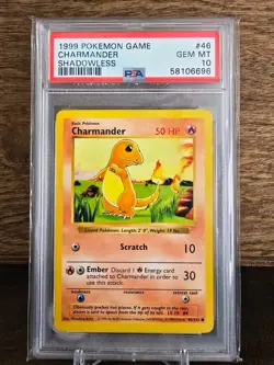 Pokemon Card Charmander Base Set Shadowless #46 PSA 10 Gem Mint - Image 1