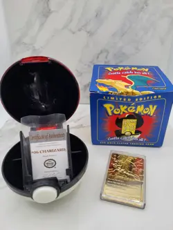 23K Gold Plated CHARIZARD Trading Card 1999 Burger King Pokemon Ball Blue - Image 1