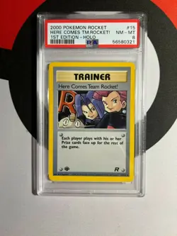 2000 Pokemon Team Rocket 1st Edition Here Comes Team Rocket Holo 15/82 PSA 8 - Image 1