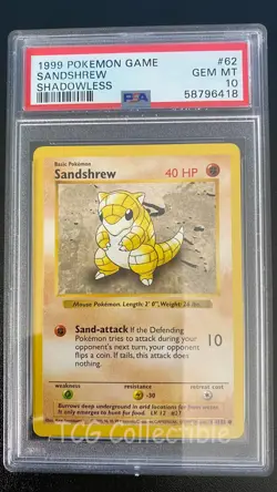PSA 10 GEM MINT Sandshrew 62 SHADOWLESS 1999 Base Set WOTC Pokemon Card Pop 176 - Image 1