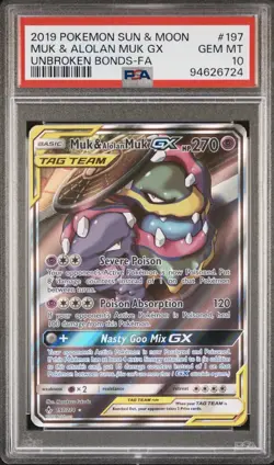 Muk & Alolan Muk GX Full Alt Art Pokemon Card PSA 10 Unbroken Bonds 197/214 2019 - Image 1