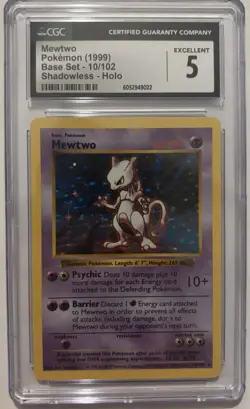1999 Pokemon Base Set Shadowless Unlimited Mewtwo Holo 10/102 CGC 5 Excellent - Image 1