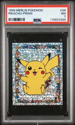 Pokemon Pikachu Prism Holo PSA 7 Near MINT Pokemon Sticker Card #S6 1999 Merlin - Image 1