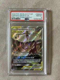 Espeon & Deoxys GX Tag Team SM240 Holo Pokemon TCG PSA 8 - Image 1