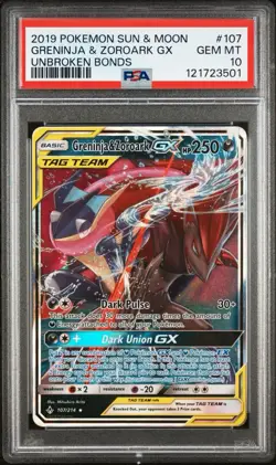 2019 Pokemon SM Unbroken Bonds Greninja Zoroark Tag Team GX Holo #107/214 PSA 10 - Image 1