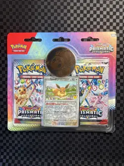 Pokemon Scarlet Violet Prismatic Evolutions Eevee Booster Pack w/ Coin - Image 1
