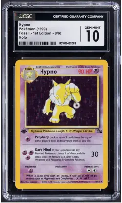 1999 Pokemon Hypno Fossil 1st Edition 8/62 Holo CGC 10 - Image 1