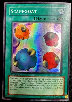 Scapegoat 1st Edition Yugioh Card SDJ-041 Super Rare 1st Ed LP Light Play - Image 1