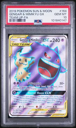 2019 POKEMON SUN & MOON TEAM UP #164 FULL ART/GENGAR & MIMIKYU GX PSA 10 - Image 1