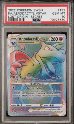 PSA 10 Aerodactyl VSTAR 199/196 Lost Origin Rainbow Secret Rare Pokemon Card - Image 1