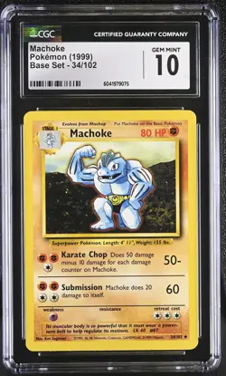 CGC 10 GEM MINT Machoke 1999 Base Set 34/102 Pokemon Card psa - Image 1
