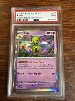 2023 POKEMON SVP EN-SV BLACK STAR PROMO PARADOX RIFT PRERELEASE-STAFF XATU PSA 9 - Image 1