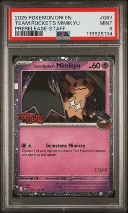 2025 Pokemon SV DRI EN Team Rocket’s Mimikyu Prerelease Staff #087 PSA 9 MINT - Image 1