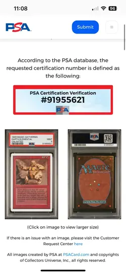 EARTH ELEMENTAL Unlimited 1993 Magic The Gathering MTG Uncommon 🔥PSA 9 MINT🔥 - Image 3