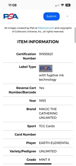 EARTH ELEMENTAL Unlimited 1993 Magic The Gathering MTG Uncommon 🔥PSA 9 MINT🔥 - Image 4