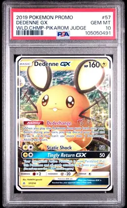 2019 POKEMON PROMO DEDENNE GX WLD.CHMP-PIKAROM JUDGE PSA 10 - Image 1
