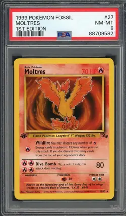 PSA 8 Moltres (1st Ed.) Fossil 27/62 Pokemon Card B11 - Image 1