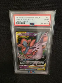 Pokemon TCG Espeon & Deoxys GX Holo Card 72/236 Unified Minds PSA 9 Mint - Image 1