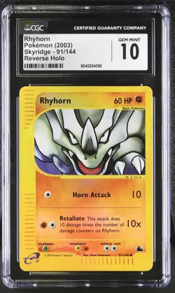 CGC 10 GEM MINT Rhyhorn 2003 Skyridge 91/144 Reverse Holo Pokemon Card psa - Image 1