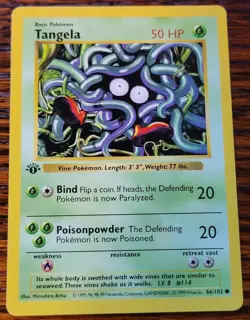 1st Edition Shadowless Tangela 66/102 Pokemon Base Set Card | LP - Image 1