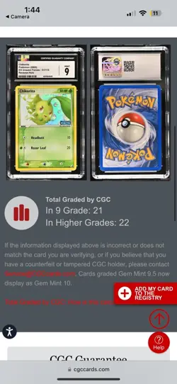 2005 Chikorita 51/115 EX Unseen Forces Reverse Holo Pokemon Card CGC 9 MINT - Image 3
