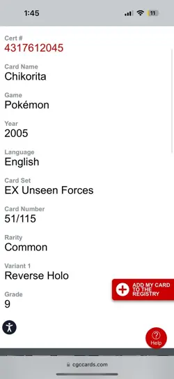 2005 Chikorita 51/115 EX Unseen Forces Reverse Holo Pokemon Card CGC 9 MINT - Image 4